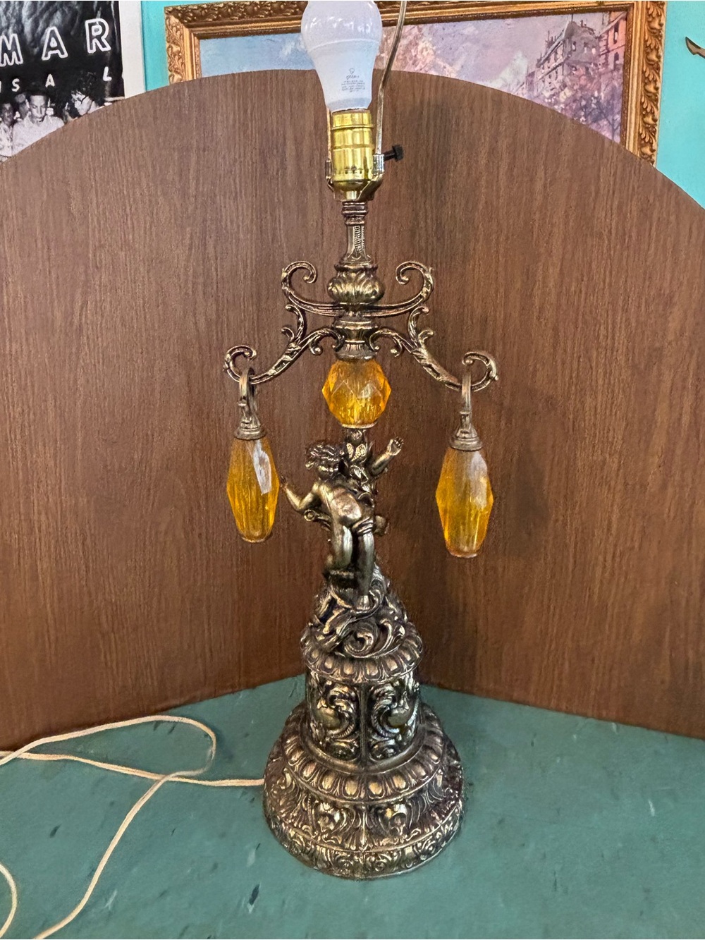 Ornate Gold Cherub Table Lamp with Amber orange Crystals